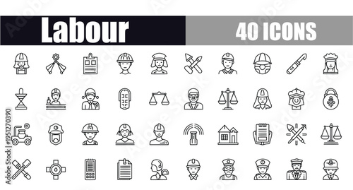 Labour icons set 40 black and white illustrations of work and industry related symbols