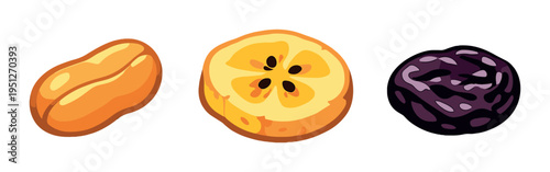 Peanut, dried apple slice and prune arranged on gray background