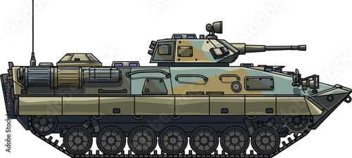 Armored personnel carrier moving across rugged terrain