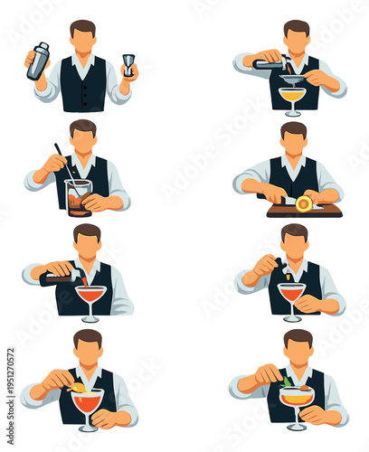 Bartender mixing cocktails and adding garnishes at bar