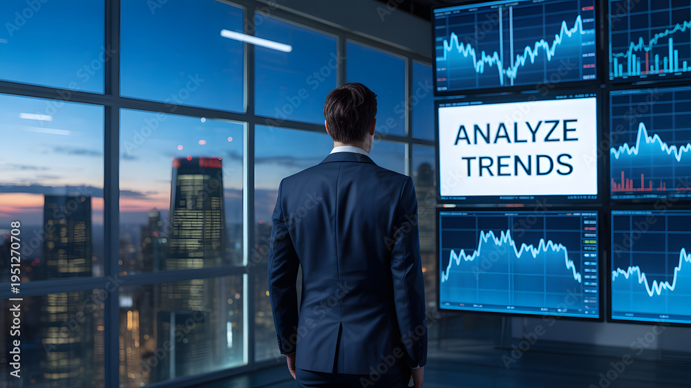 Fototapeta premium Business professional in suit analyzing large digital screens with financial charts and bold text ANALYZE TRENDS, symbolizing stock market strategy and corporate decision-making