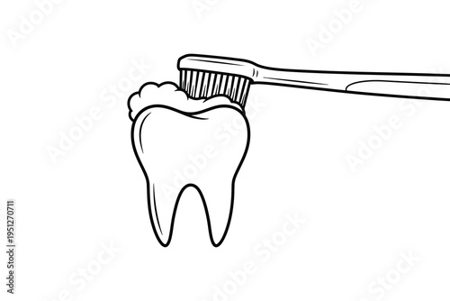 A black and white illustration of a molar tooth being brushed with a toothbrush, representing oral hygiene and dental care.