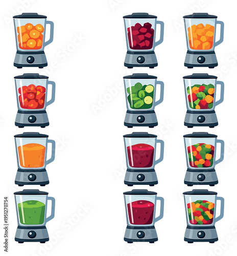Row of blenders with assorted fruit and smoothies on gray background