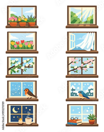 Paired windows displaying plants, birds and seasonal views on wall