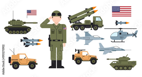 Flat design illustration set depicting modern military forces, equipment, and a saluting soldier, including tanks, fighter jets, helicopters, missile launchers, and American flags