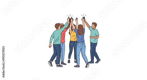 Diverse young people celebrating a shared success, raising hands in unity and joy, a vibrant illustration of teamwork, friendship, and collective achievement
