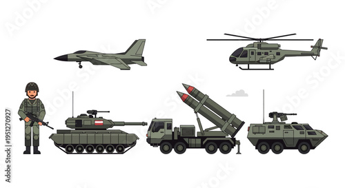 Collection of military vehicles and equipment including a tank, helicopter, fighter jet, missile launcher, armored car, and soldier