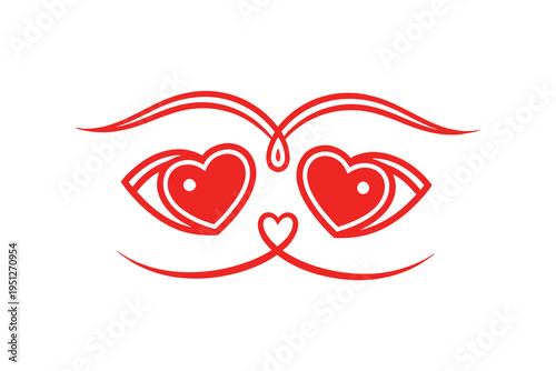 A cute red line drawing of a cat face with heart eyes and a smiling expression on a white background, conveying love and affection in a simple yet adorable illustration style.