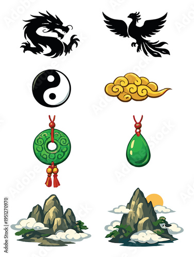 Dragon and phoenix symbols with jade pendants and mountain icons