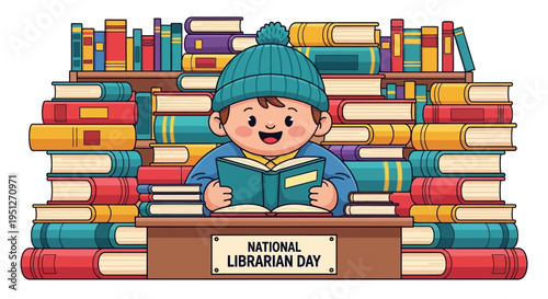 Happy National Librarian Day illustration with a child reading a book surrounded by stacks of colorful books, celebrating knowledge and literacy