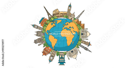 Line art illustration of famous global landmarks encircling the Earth, symbolizing cultural heritage and international travel for a special worldwide recognition