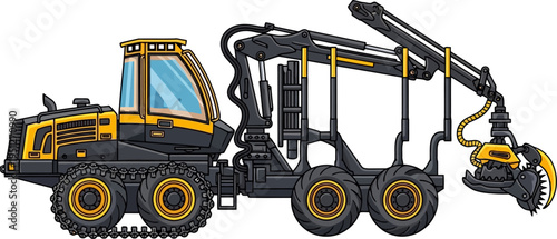 Forestry harvester machine cutting timber in a woodland area