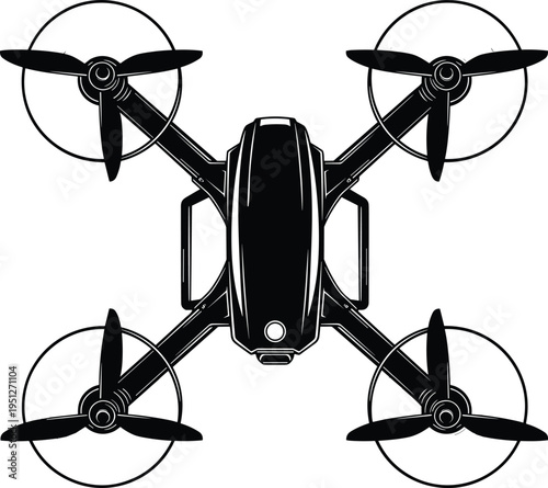 Top-down black and white line drawing of quadcopter drone with four rotors, protective landing gear, sleek aerodynamic body design, modern UAV technology concept for aerial photography, surveillanc