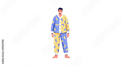 Young man standing confidently in cozy, colorful pajamas adorned with moon and star patterns, exuding comfort and relaxation for a peaceful night or laid-back morning routine