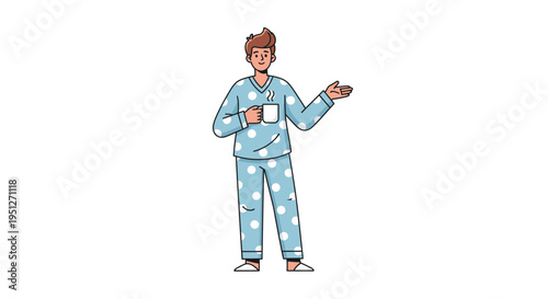Relaxed cartoon man in cozy polka dot pajamas enjoying a warm beverage, embodying comfort and a peaceful morning or evening routine at home