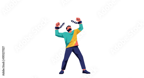 Dynamic illustration of a man breaking free from restrictive chains, symbolizing liberation, overcoming personal challenges, and achieving newfound independence and freedom