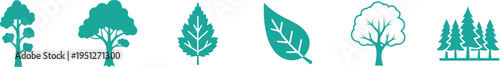 Collection of stylized green tree and leaf icons on white background