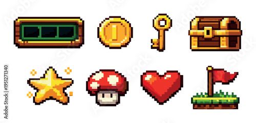 Pixel game icons arranged in grid on gray studio background