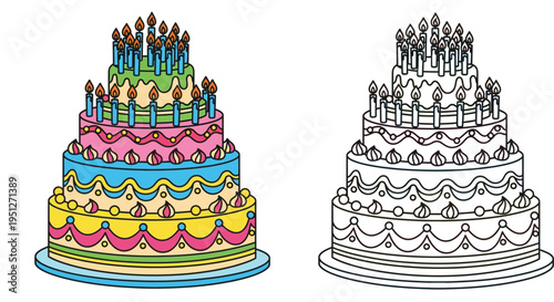 Multi-tiered birthday cake vector illustration. Colorful party cake with lit candles and a black and white line art coloring book page version.