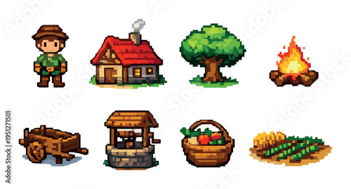 Farmer and farm items on green village icon set display