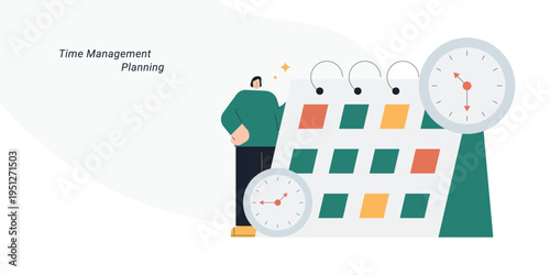 Flat style illustration of a person standing next to a large calendar with two clocks, representing time management, planning, schedule and productivity concept.