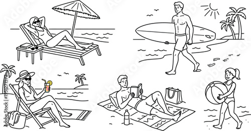 Summer beach line icons set. Vector vacation symbols. Sun, palm, cocktail, sunglasses, wave, surfboard. Minimalist travel signs. Thin outline style. Tourism concept. Leisure ..
