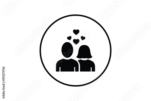 A simple black icon of a loving couple with hearts above their heads in a circle, symbolizing love and relationship.