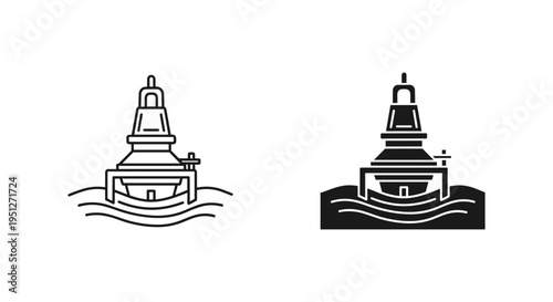 Black and white vector icon set featuring a lighthouse or marine navigation beacon floating on water, presented in both outline and solid fill styles, ideal for maritime, travel