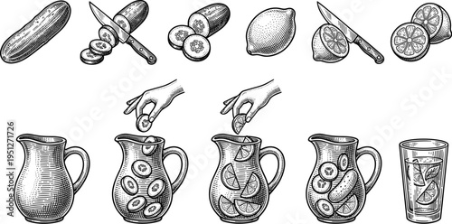 Vintage hand drawn cucumber and lemon lemonade ingredients