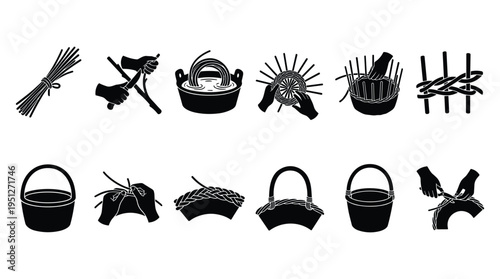 Traditional basket weaving craft steps and wicker basket construction