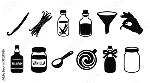 Set of vector icons for vanilla bourbon and extract making process