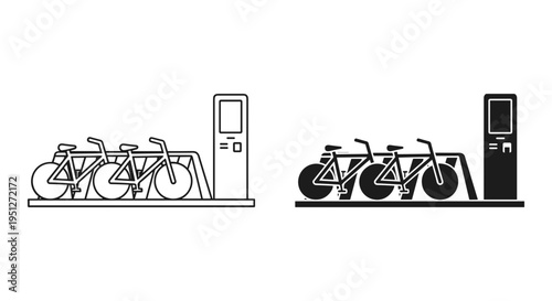 Bicycle sharing system icon set with three bikes parked at a rental station, featuring outline and solid black vector styles for urban transport and eco-friendly mobility concepts.