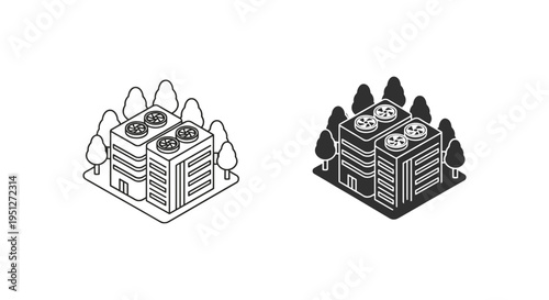 Isometric Office Building Vector Icon Set with Trees and Rooftop HVAC Units, Black and White Outline and Solid Fill Versions for Business and Urban Design
