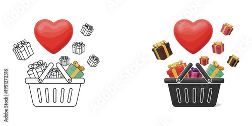 shopping baskets with heart and gifts vector illustration