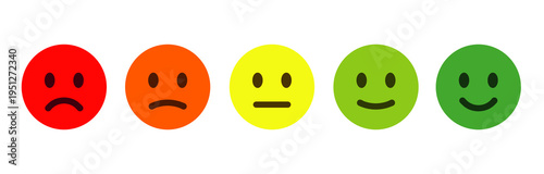 Colorful feedback emoji faces, emoticons ranging from happy to sad, for surveys, rating systems, user feedback, and UI elements as a rating scale or for collecting feedback on satisfaction and mood