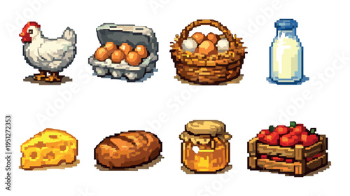 Farm products arranged in two rows on gray background