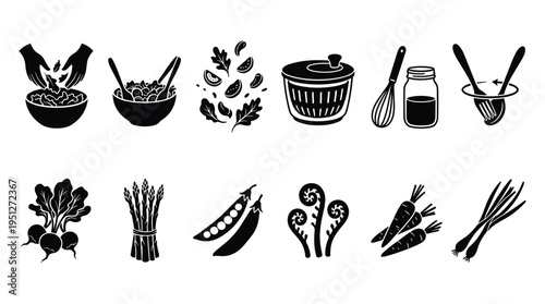 Fresh salad preparation and healthy vegetable ingredients set icon