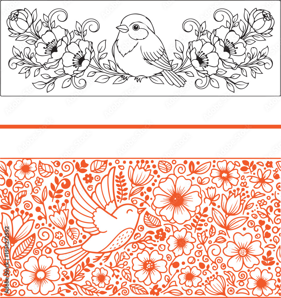 Fototapeta premium Elegant bird vector set: a black-and-white perched songbird flanked by symmetrical floral scrolls, and an orange-ink scene with a bird in flight amidst a dense, whimsical meadow of wildflowers.
