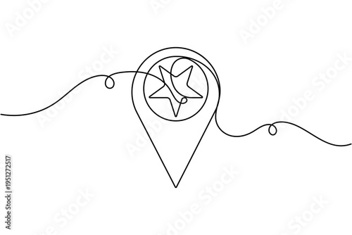 Top rated location pin with star icon continuous one line drawing on white background minimal favorite place symbol outline vector illustration