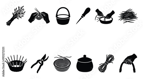 Traditional basket weaving tools and process icons black silhouettes
