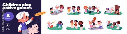 Children have fun outdoors set. Kids play hopscotch, skipping rope, hide and seek, flying disk, sack race, baseball, limbo. Happy friends jumping together. Flat isolated vector illustration on white