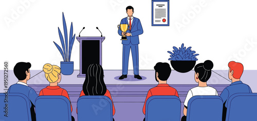 A man in a blue suit holding an award standing on a stage in front of an audience