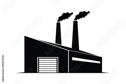 A black and white illustration of an industrial factory building with two smokestacks emitting smoke, symbolizing manufacturing and industry.