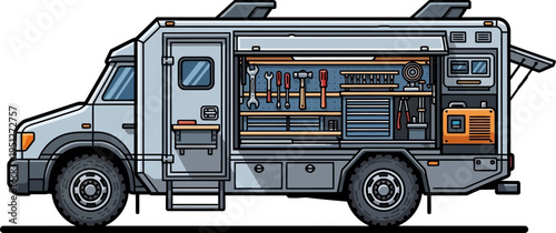 Mobile workshop van equipped with professional tools and generator