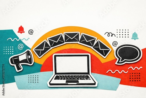 colorful digital communication concept with laptop megaphone and envelopes