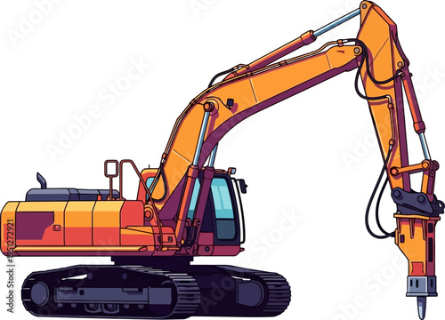 Orange excavator using hydraulic breaker for rock demolition