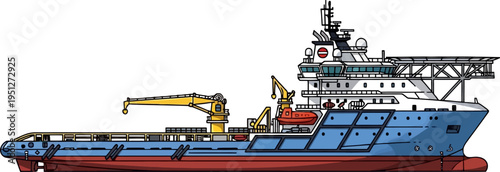 Offshore supply vessel equipped with deck crane and helipad