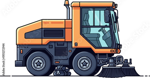 Orange street sweeper vehicle for urban cleaning