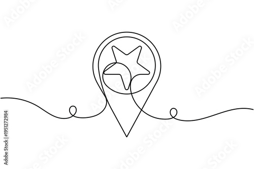 Top rated location pin with star icon continuous one line drawing on white background minimal favorite place symbol outline vector illustration