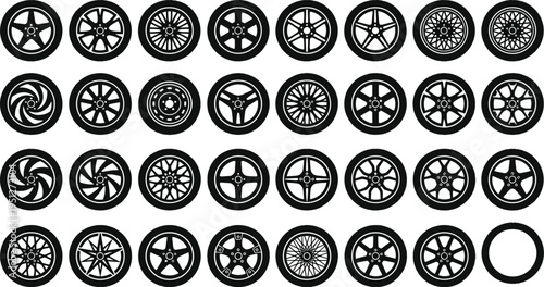 Black rubber wheel tire set icon illustration.
Black rubber wheel tire set. Wheel tires. Car tire tread tracks, motorcycle racing wheels and dirty tires track. Tyres road maintenance vector 
